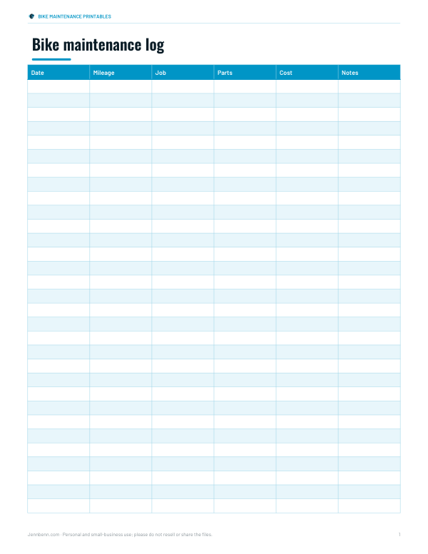 Preview of Printable Bike Maintenance Log
